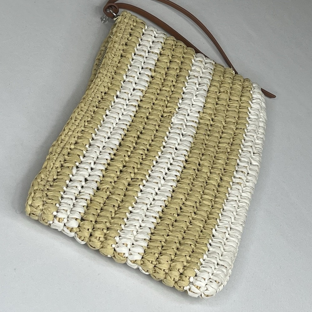 GAP Straw Clutch Bag Woven Zip Pouch Beige White Summer Beach Boho Women - Picture 7 of 15